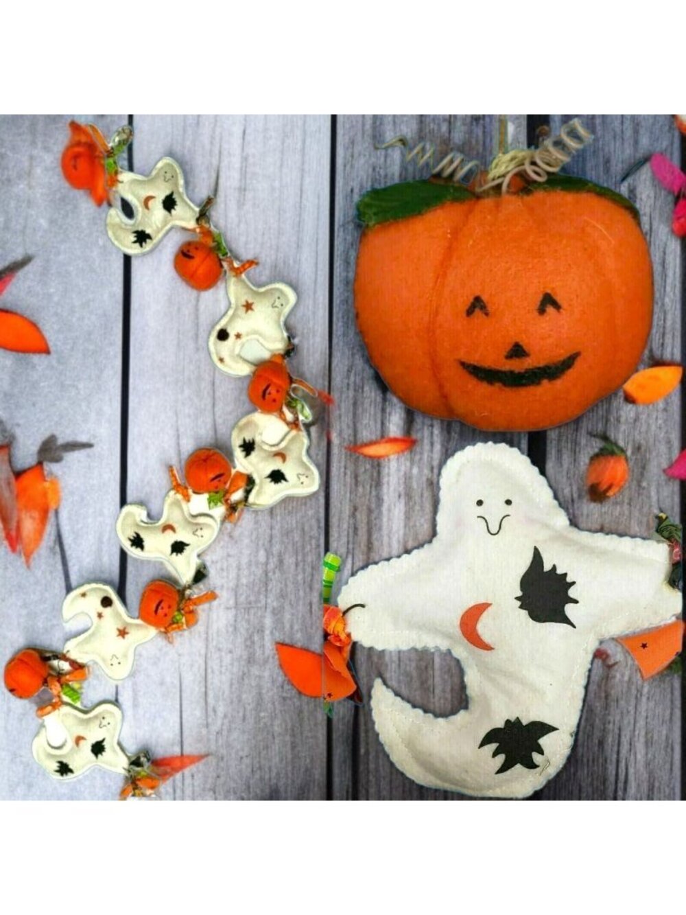 Primitive Halloween Garland Ghosts Pumpkins Bows Wired Felt Banner Bunting Doorw